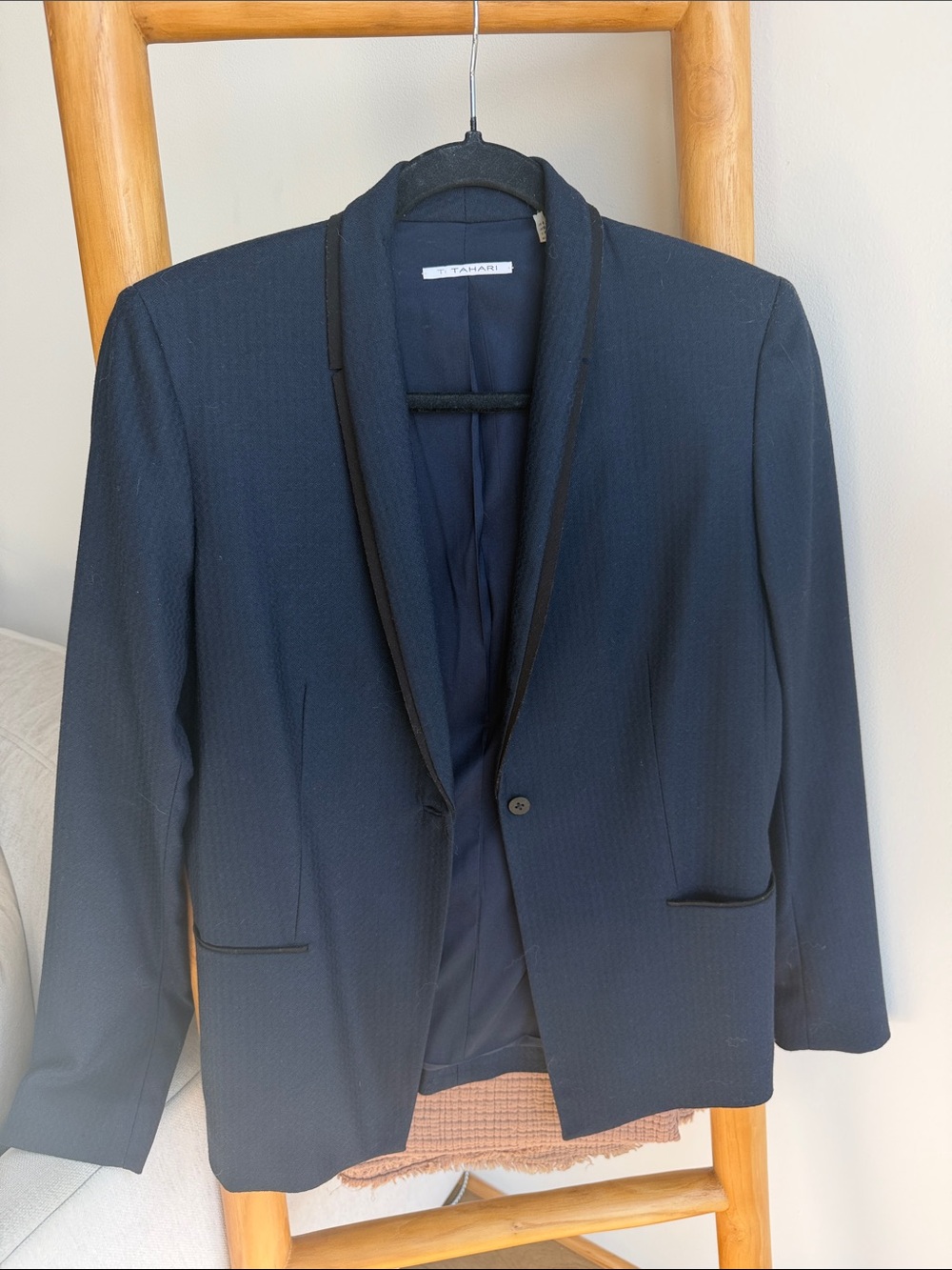 Tahari Navy Blazer with Black Trim Collar